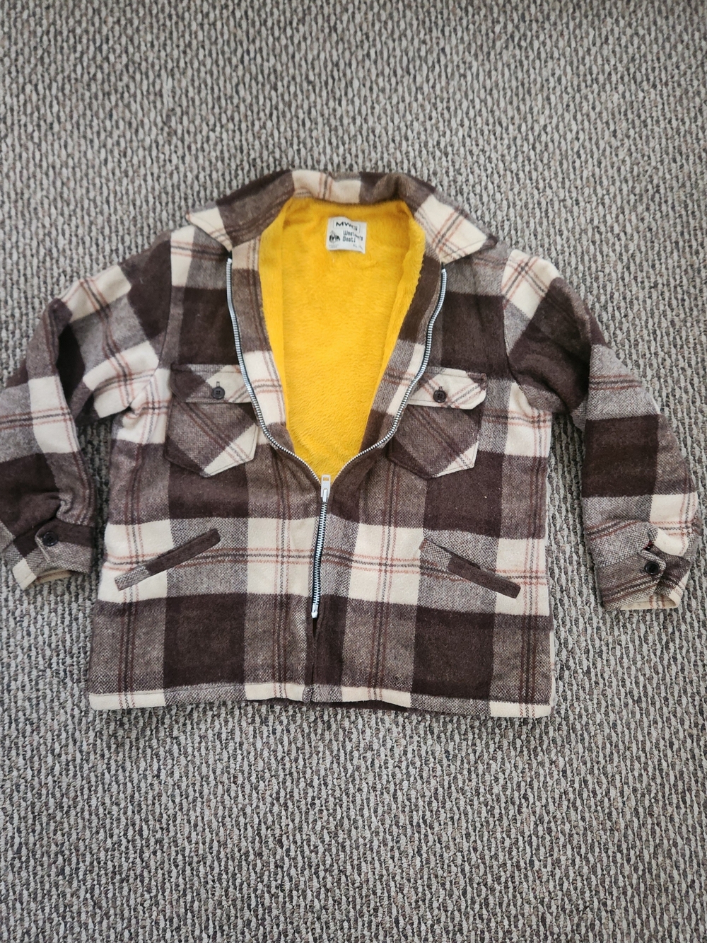 Men's Vintage Brown Plaid Zip-Front Sherpa-Lined Jacket with Yellow Lining